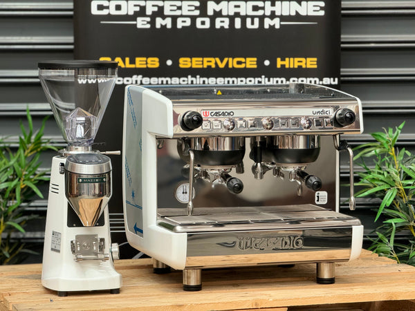 Brand New Casadio Undici 2 Group Commercial Compact Coffee Machine & Brand New Mazzer Super Jolly V Pro Electronic Coffee Grinder Package - White