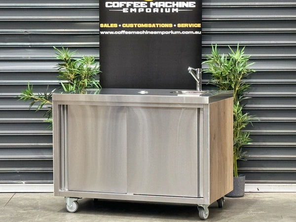 Brand New Stainless Steel 120cm Coffee Cart - Coastal Wood