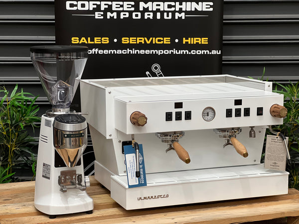 Brand New La Marzocco Linea Classic S 2 Group Coffee Machine & Mazzer Super Jolly V Pro Electronic Coffee Grinder - White