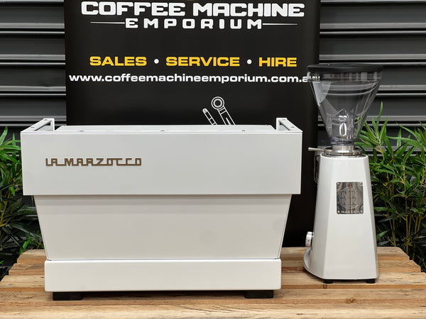 Brand New La Marzocco Linea Classic S 2 Group Coffee Machine & Mazzer Super Jolly V Pro Electronic Coffee Grinder - White