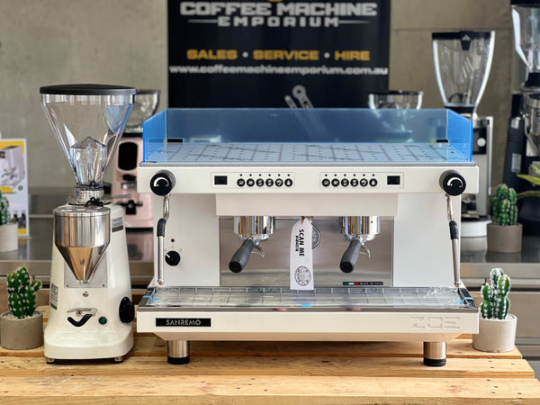 Brand New Sanremo Zoe Competition 2 Group Coffee Machine & Mazzer Super Jolly Electronic Package - White