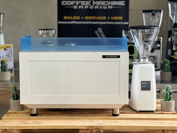 Brand New Sanremo Zoe Competition 2 Group Coffee Machine & Mazzer Super Jolly Electronic Package - White