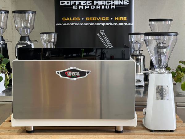Brand New Wega Pegaso EVD 2 Group Coffee Machine & Mazzer Super Jolly V Pro Electronic Package