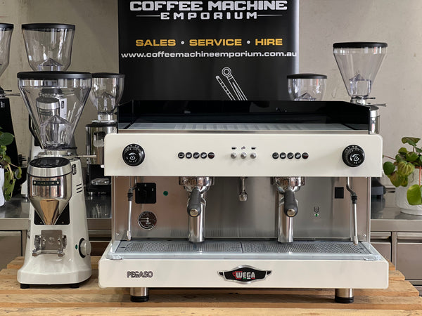 Brand New Wega Pegaso EVD 2 Group Coffee Machine & Mazzer Super Jolly V Pro Electronic Package