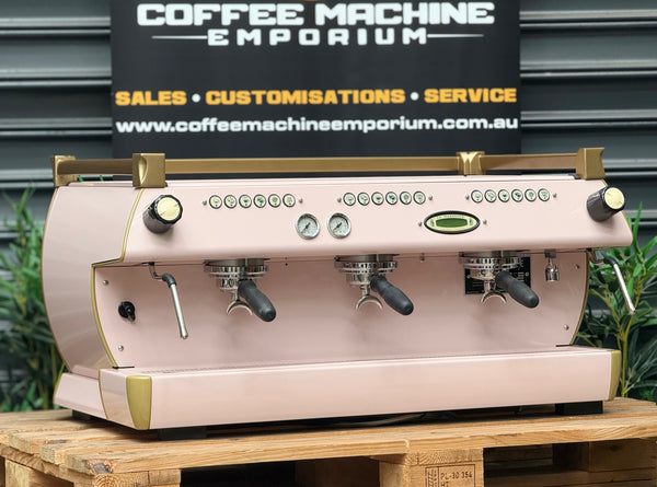 La Marzocco GB5 3 Group Commercial Coffee Machine in Dusty Pink & Gold finish. Coffee Machine Emporium Australia