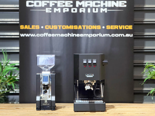 Brand New Gaggia Classic Commercial Espresso Machine and Brand New Eureka Mignon Specialita 55 Professional Coffee Grinder - iconic Italian café duo for the perfect shot. Coffee Machine Emporium Australia