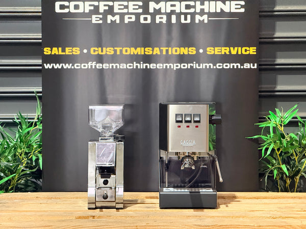 Brand New Gaggia Classic Commercial Espresso Machine & Brand New Eureka Mignon Specialita Smart Professional Coffee Grinder - the perfect Italian café combo. Coffee Machine Emporium Australia