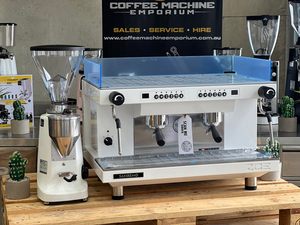 Brand New Sanremo Zoe Competition 2 Group Coffee Machine & Mazzer Super Jolly Electronic Package - White