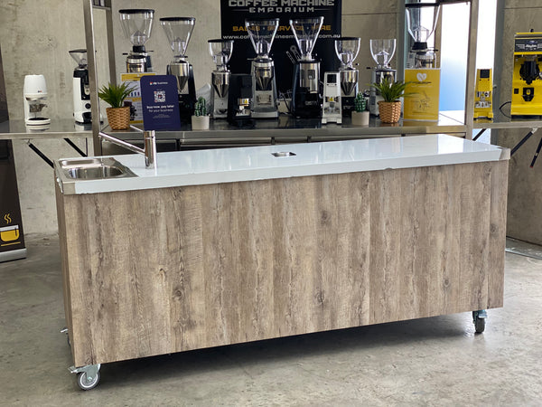 Brand New Stainless Steel 200cm Coffee Cart with Wood Panelling & Water Heater
