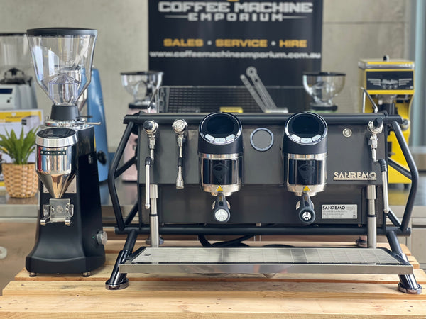 Sanremo Cafe Racer Naked 2 Group Coffee Machine & Brand New Mazzer Robur S E Package - Black