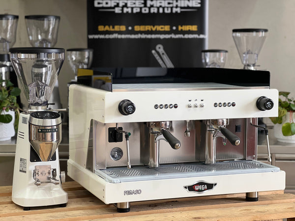 Brand New Wega Pegaso EVD 2 Group Coffee Machine & Mazzer Super Jolly V Pro Electronic Package