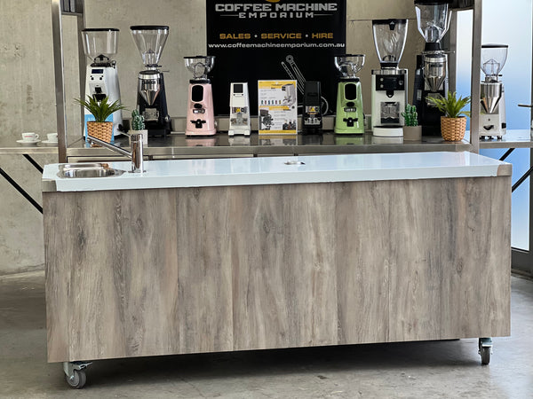 Brand New Stainless Steel 200cm Coffee Cart with Wood Panelling & Cup Dispensers