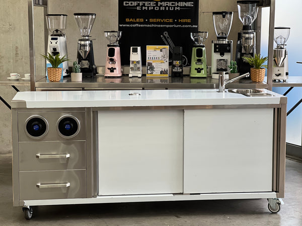 Brand New Stainless Steel 200cm Coffee Cart with Wood Panelling & Cup Dispensers