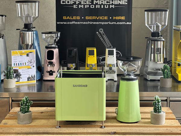 Brand New Sanremo Cube 1 Group Coffee Machine & AllGround Grinder Package - Matcha Green