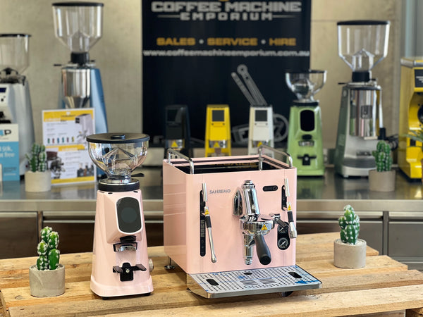 Brand New Sanremo Cube 1 Group Coffee Machine & AllGround Grinder Package - Candy Pink